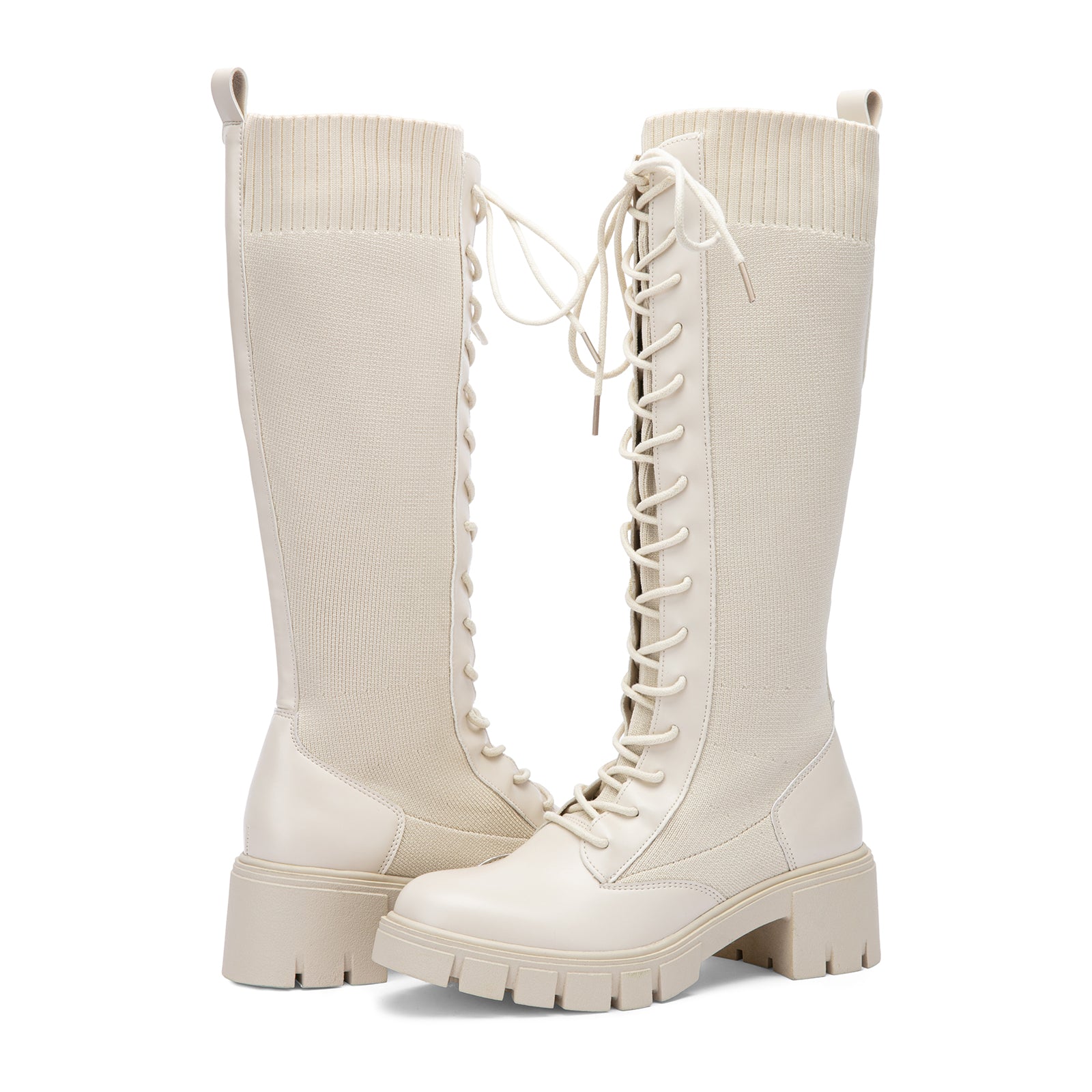 Vepose Women's 953+953W Lace Platform Combat Knee High Boots with Comfort Chunky Heel