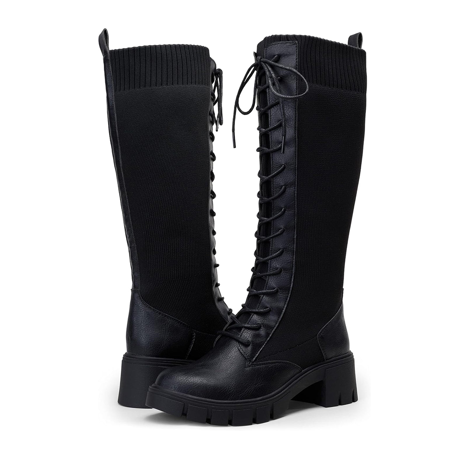 Vepose Women's 953+953W Lace Platform Combat Knee High Boots with Comfort Chunky Heel