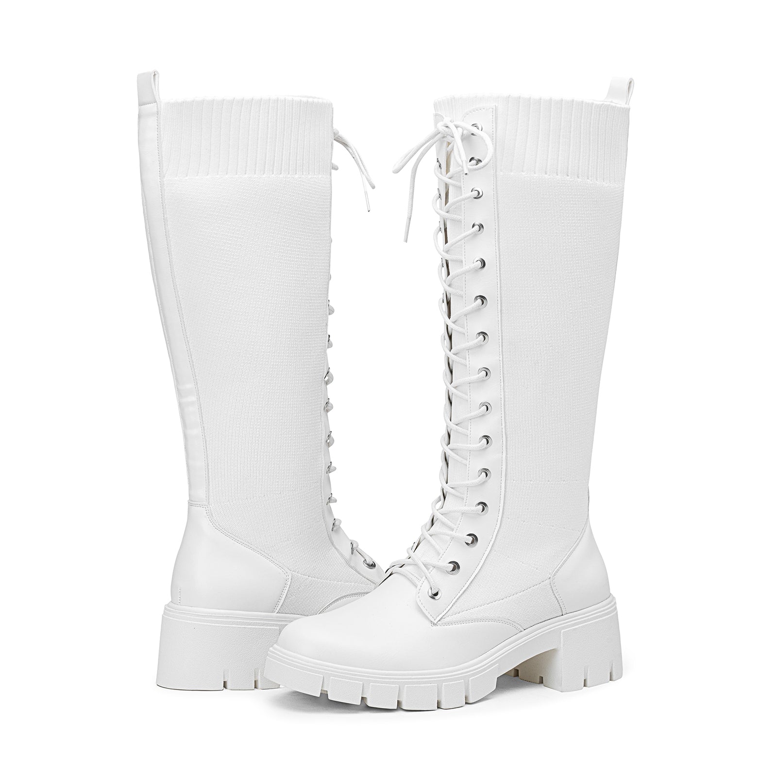 Vepose Women's 953+953W Lace Platform Combat Knee High Boots with Comfort Chunky Heel